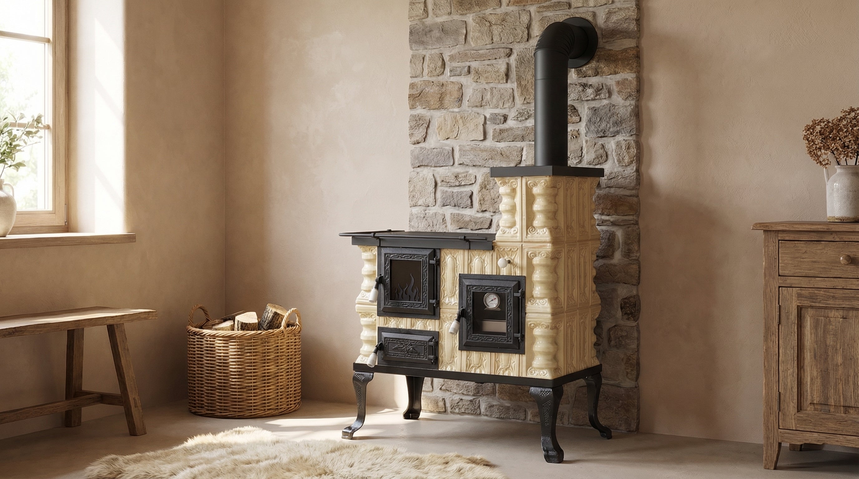 POÊLE CÉRAMIQUE MODÈLE 27 CRÈME DROIT 8 kW