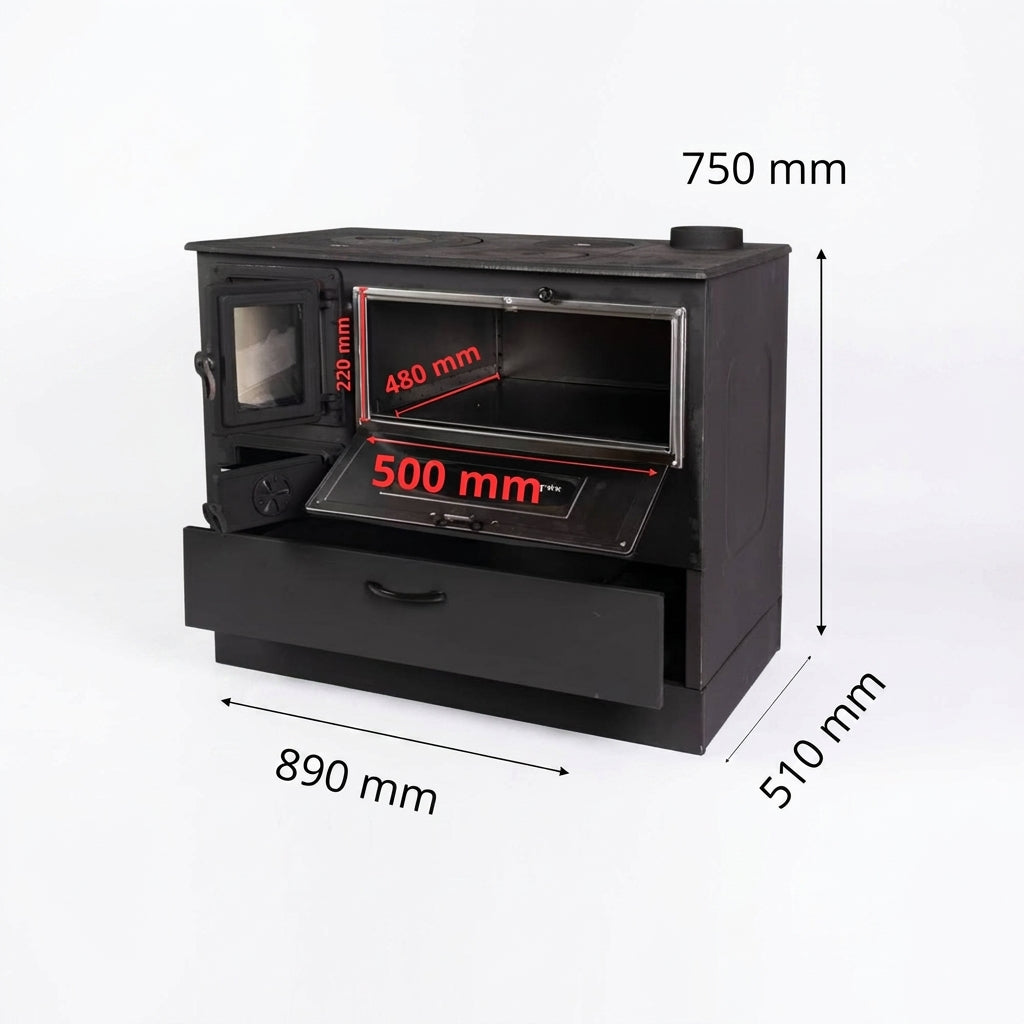 MEGA-RABATT!!! 9-kW-emaillierter Holzherd / Holzofen mit Backofen und großer Kochfläche, 9 kW, rechte Ausführung